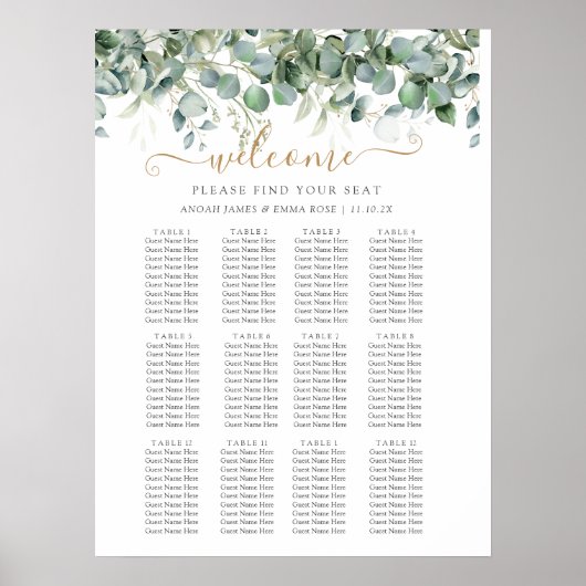 Elegant Eucalyptus Greenery Wedding Seating Chart Poster (Voorkant)