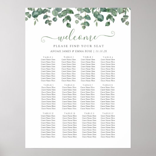 Elegant Eucalyptus Greenery Wedding Seating Chart Poster (Voorkant)