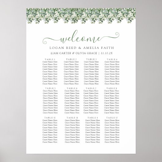 Elegant Eucalyptus Greenery Wedding Seating Chart Poster (Voorkant)