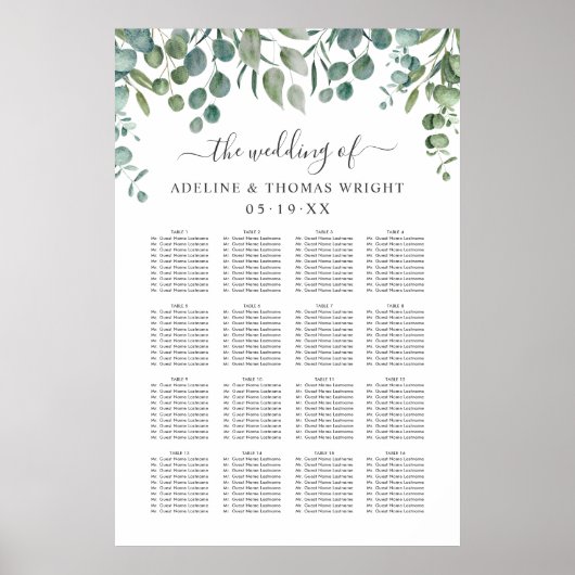 Elegant Eucalyptus Greenery Wedding Seating Seatin Poster (Voorkant)