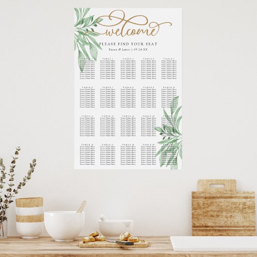Elegant Eucalyptus Greenery Wedding Seding Chart Poster (Keuken)