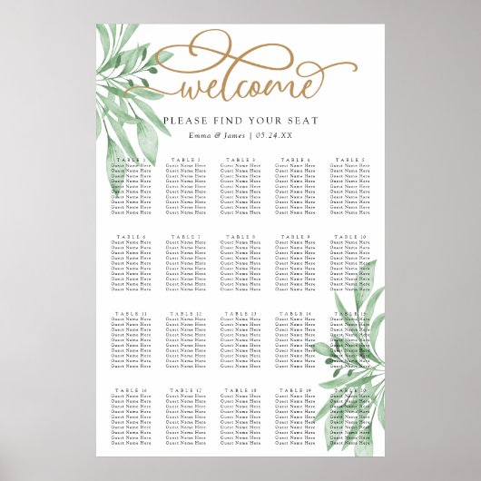 Elegant Eucalyptus Greenery Wedding Seding Chart Poster (Voorkant)
