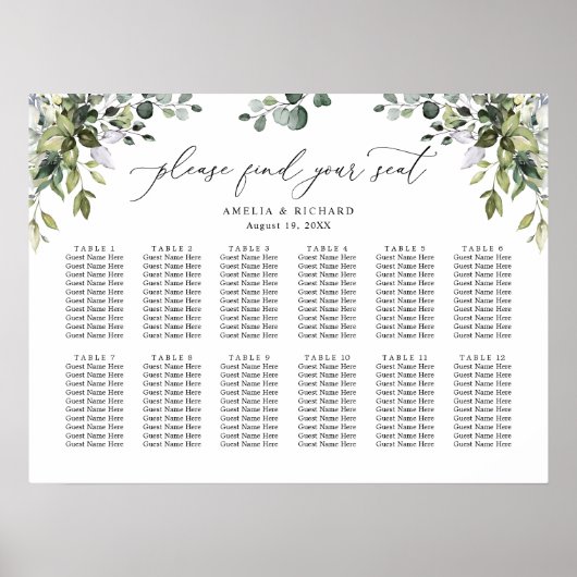 Elegant Eucalyptus Greenery Wedding Seding Chart Poster (Voorkant)