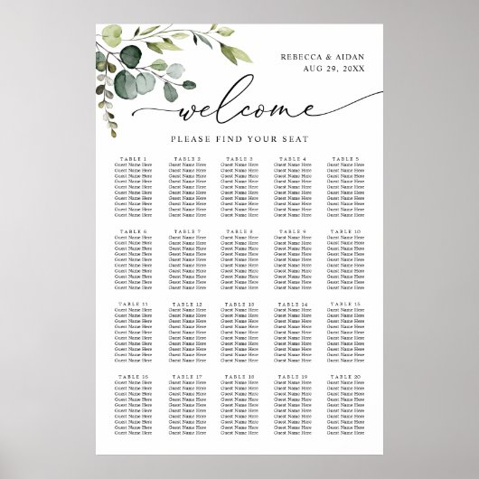 Elegant Eucalyptus Greenery Wedding Seding Chart Poster (Voorkant)