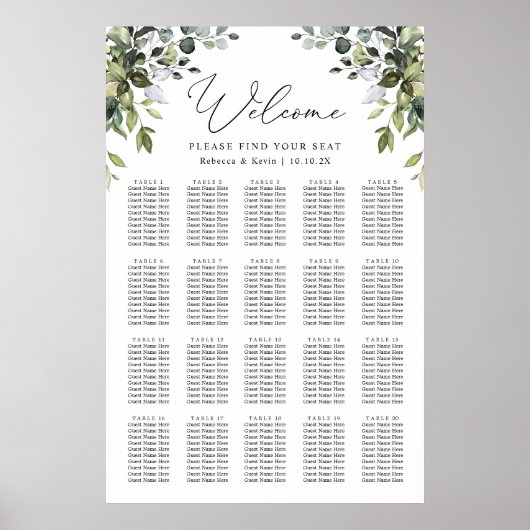 Elegant Eucalyptus Greenery Wedding Seding Chart Poster (Voorkant)