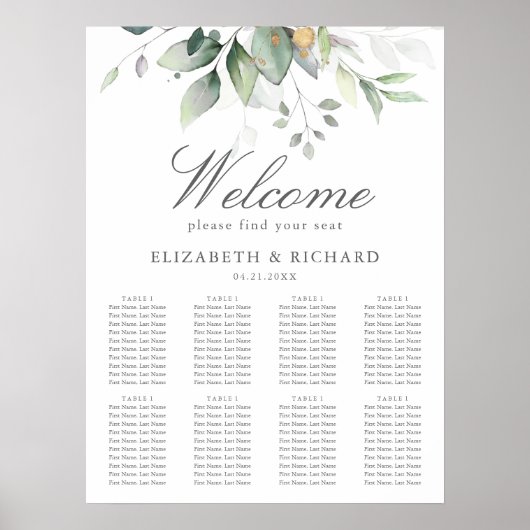 Elegant Eucalyptus Greenery Wedding Seding Chart Poster (Voorkant)