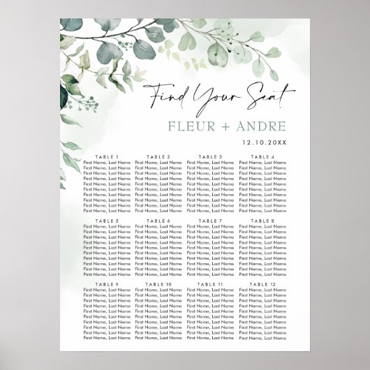 Elegant Eucalyptus Greenery Wedding Seding Chart Poster (Voorkant)