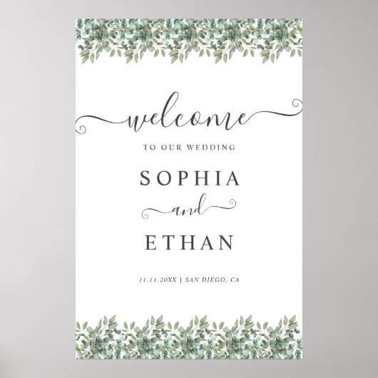 Elegant  Eucalyptus Greenery Wedding Welcome sign Poster (Voorkant)
