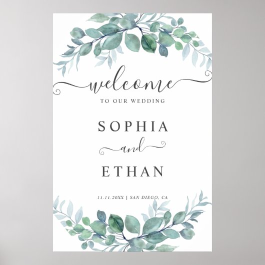 Elegant  Eucalyptus Greenery Wedding Welcome Sign Poster (Voorkant)