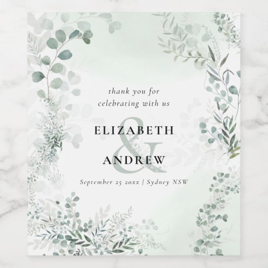 Elegant Eucalyptus Greenery Wedding Wijn Etiket (Enkel label)