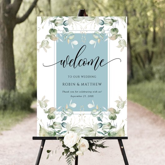 Elegant Eucalyptus Greenery Welcome Mist Blue Sign Poster