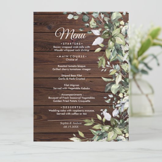 Elegant Eucalyptus greenery Wood Wedding Menu (Staand voorkant)