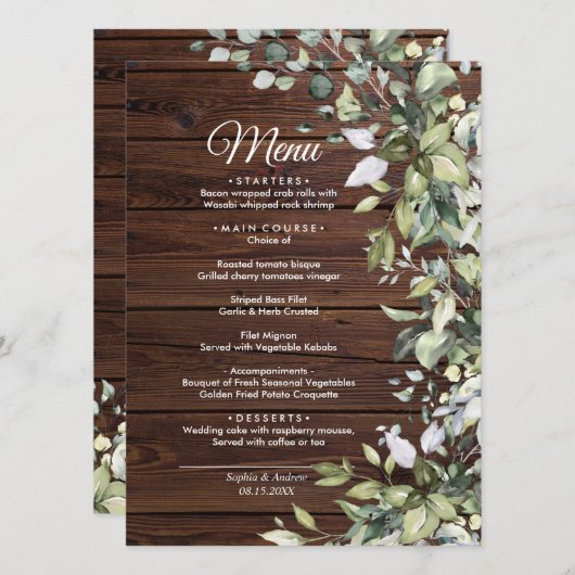 Elegant Eucalyptus greenery Wood Wedding Menu (Voorkant / Achterkant)