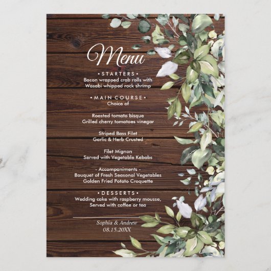Elegant Eucalyptus greenery Wood Wedding Menu (Voorkant)
