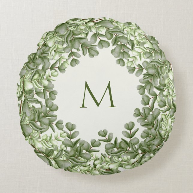 Elegant Eucalyptus Greenery Wreater Green Ivory Rond Kussen (Voorkant)