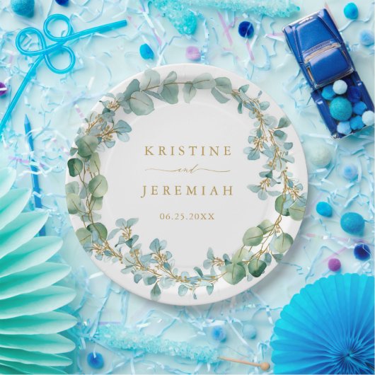 Elegant Eucalyptus Greenery Wreath Gold Wedding Papieren Bordje (Feest)