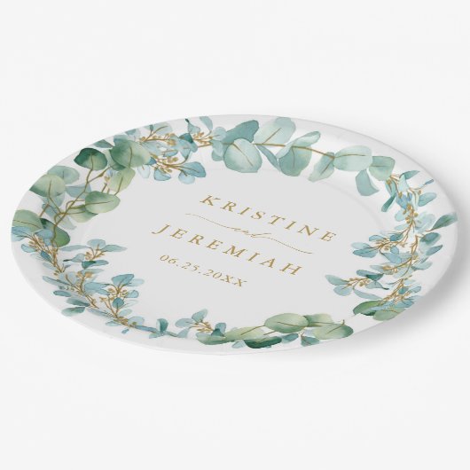 Elegant Eucalyptus Greenery Wreath Gold Wedding Papieren Bordje (Gekanteld)
