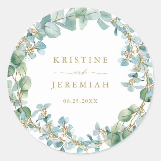 Elegant Eucalyptus Greenery Wreath Gold Wedding Ronde Sticker (Voorkant)