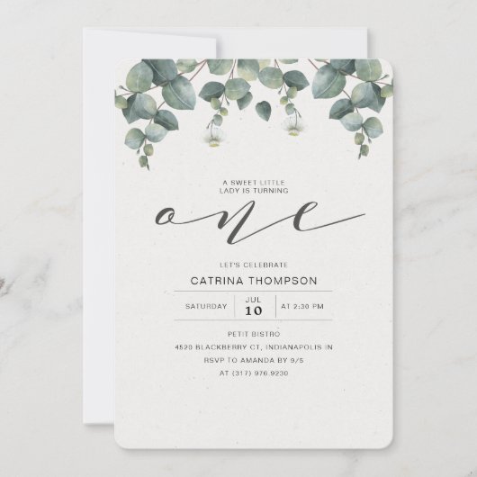 Elegant Eucalyptus Groen 1e Verjaardagsfeest Kaart (Voorkant)