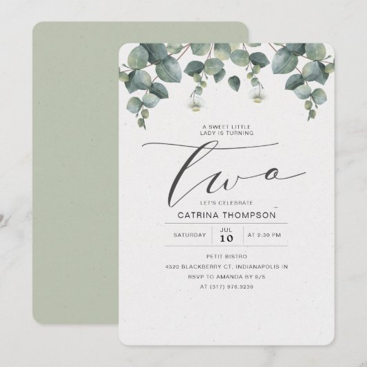 Elegant Eucalyptus Groen 2e Verjaardagsfeest Kaart (Voorkant / Achterkant)