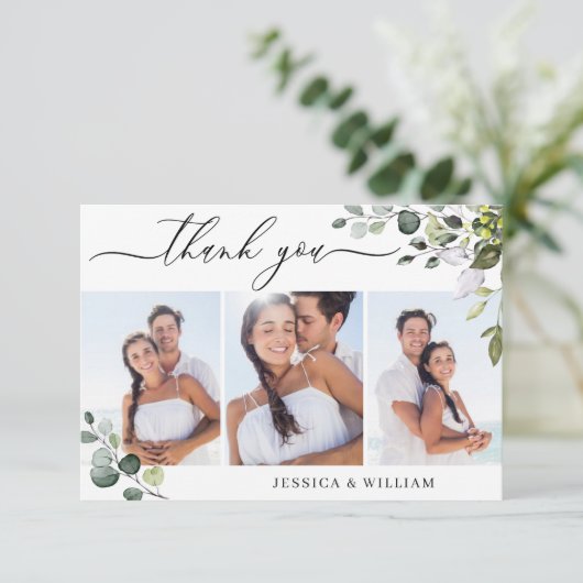 Elegant Eucalyptus groen 3 FOTO bruiloft Bedankkaart (Staand voorkant)