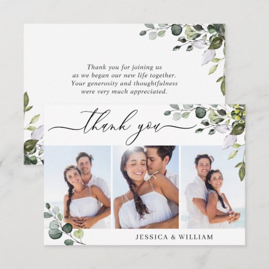 Elegant Eucalyptus groen 3 FOTO bruiloft Bedankkaart (Voorkant / Achterkant)