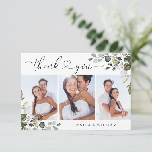 Elegant Eucalyptus groen 3 FOTO bruiloft Bedankkaart (Staand voorkant)