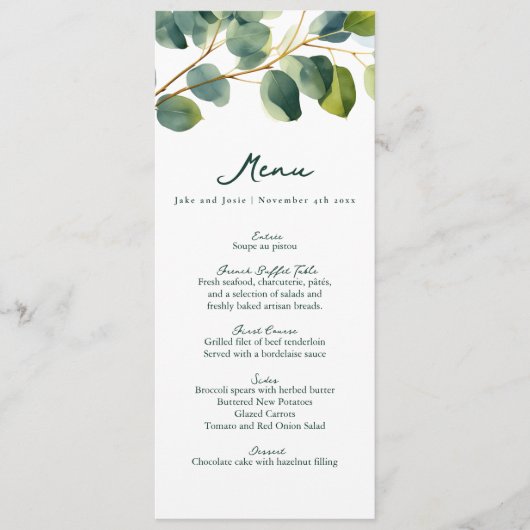 Elegant Eucalyptus groen bruiloft menu Kaart (Voorkant)