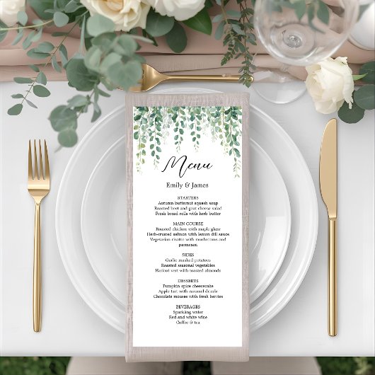 Elegant Eucalyptus groen bruiloft menu Kaart