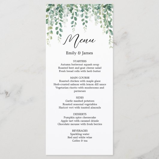 Elegant Eucalyptus groen bruiloft menu Kaart (Voorkant)