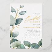 Elegant eucalyptus groen goud vrijgezellenfeest folie uitnodiging (Voorkant)