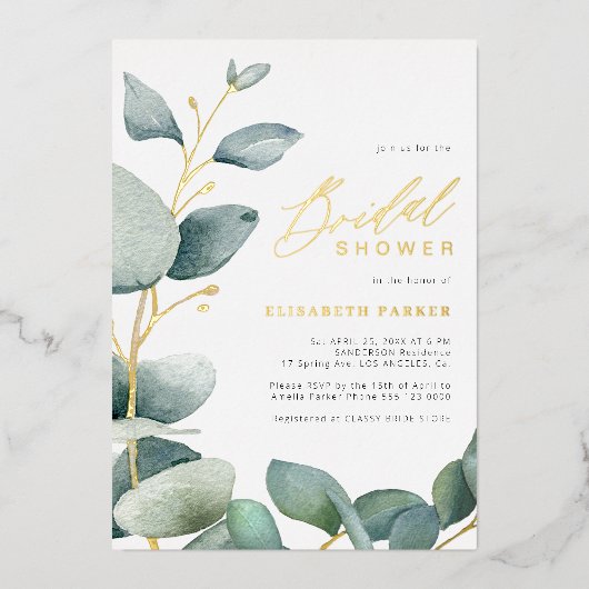 Elegant eucalyptus groen goud vrijgezellenfeest folie uitnodiging (Voorkant)