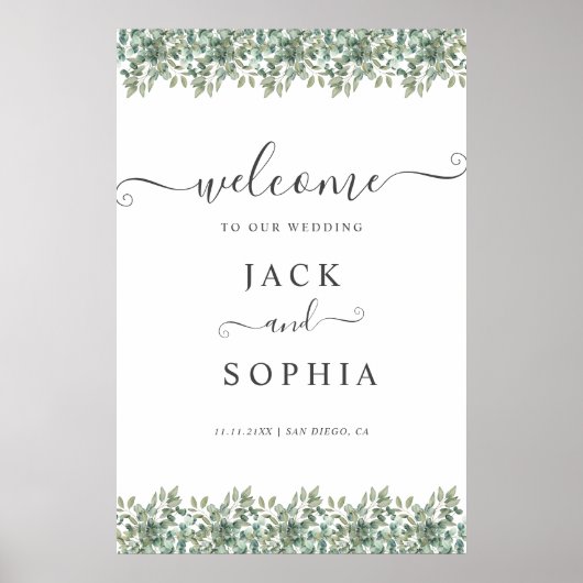 Elegant Eucalyptus Groene Huwelijks Welkomstbord Poster (Voorkant)