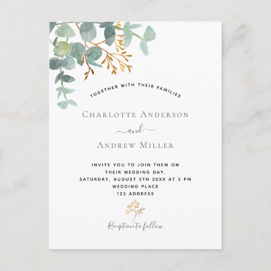 Elegant eucalyptus groene moderne bruiloft briefkaart (Voorkant)