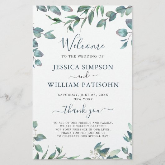 Elegant Eucalyptus Huwelijksceremonie Programma (Voorkant)