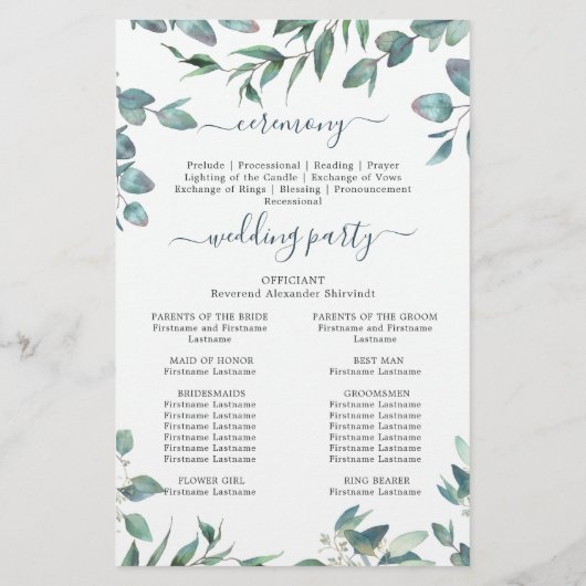 Elegant Eucalyptus Huwelijksceremonie Programma (Achterkant)
