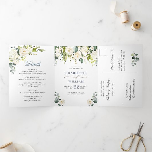 Elegant Eucalyptus Ivory White Roses Wedding Drieluik Uitnodiging (Binnen)