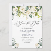 Elegant Eucalyptus Ivory White Roses Wedding Save The Date (Voorkant)