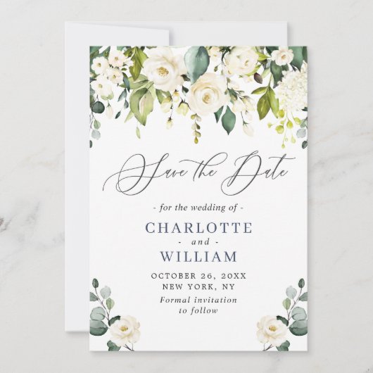 Elegant Eucalyptus Ivory White Roses Wedding Save The Date (Voorkant)
