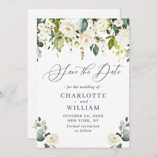 Elegant Eucalyptus Ivory White Roses Wedding Save The Date (Voorkant / Achterkant)