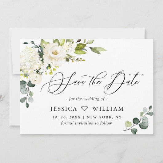 Elegant Eucalyptus Ivory White Roses Wedding Save The Date (Voorkant)
