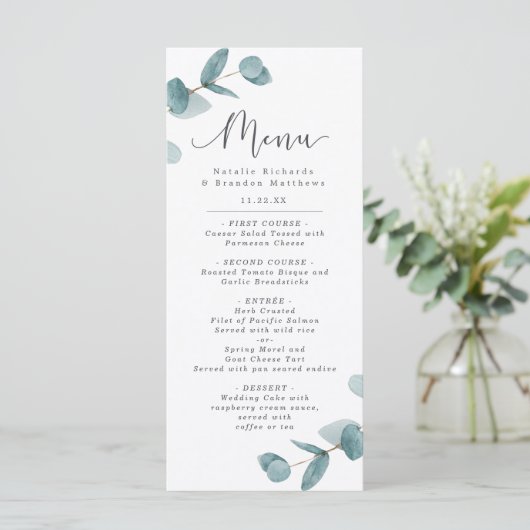 Elegant Eucalyptus & Kalligrafie Script Diner Menu (Staand voorkant)