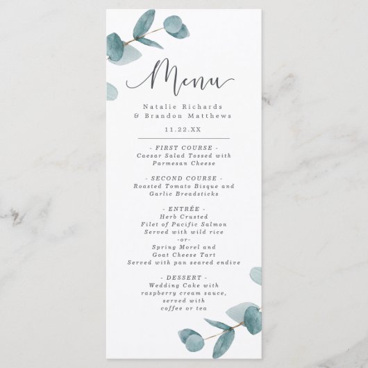 Elegant Eucalyptus & Kalligrafie Script Diner Menu (Voorkant)