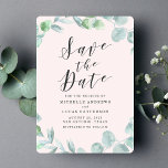 Elegant Eucalyptus Krans Roze Save the Date Kaart<br><div class="desc">Modern bewaar de datum met "Save the Date" weergegeven in een donkergrijs kalligrafiescript met een lichtroze achtergrond. Een krans van waterverf eucalyptus bladeren in meerdere tinten groen omringt uw namen, trouwdatum, trouwlocatie, enz. De eucalyptus bewaart de datum omgekeerd om een wijze groene achtergrond met ruimte voor foto's en extra tekst...</div>