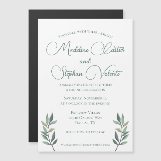 Elegant Eucalyptus laat groene moderne bruiloft ac Magnetische Uitnodiging (Voorkant / Achterkant)