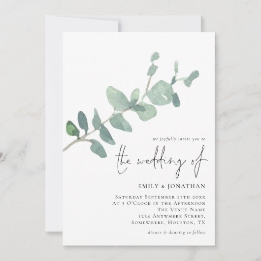 Elegant Eucalyptus Laat het Manuscript Weddenschap Kaart (Voorkant)