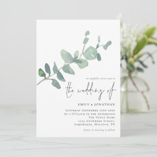 Elegant Eucalyptus Laat het Manuscript Weddenschap Kaart (Staand voorkant)