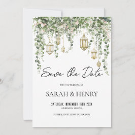 Elegant Eucalyptus Lantern Save the Date   Kaart