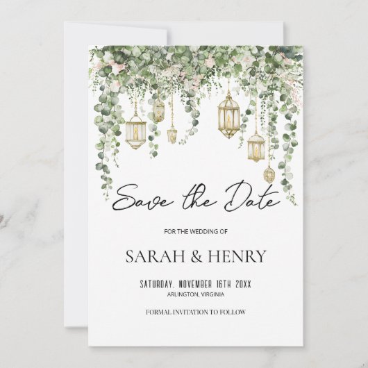 Elegant Eucalyptus Lantern Save the Date   Kaart (Voorkant)