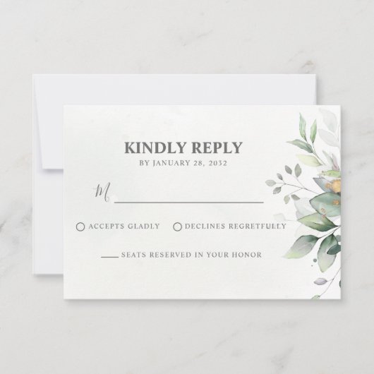 Elegant eucalyptus leaf chic greenery gold bruilof RSVP kaartje (Voorkant)
